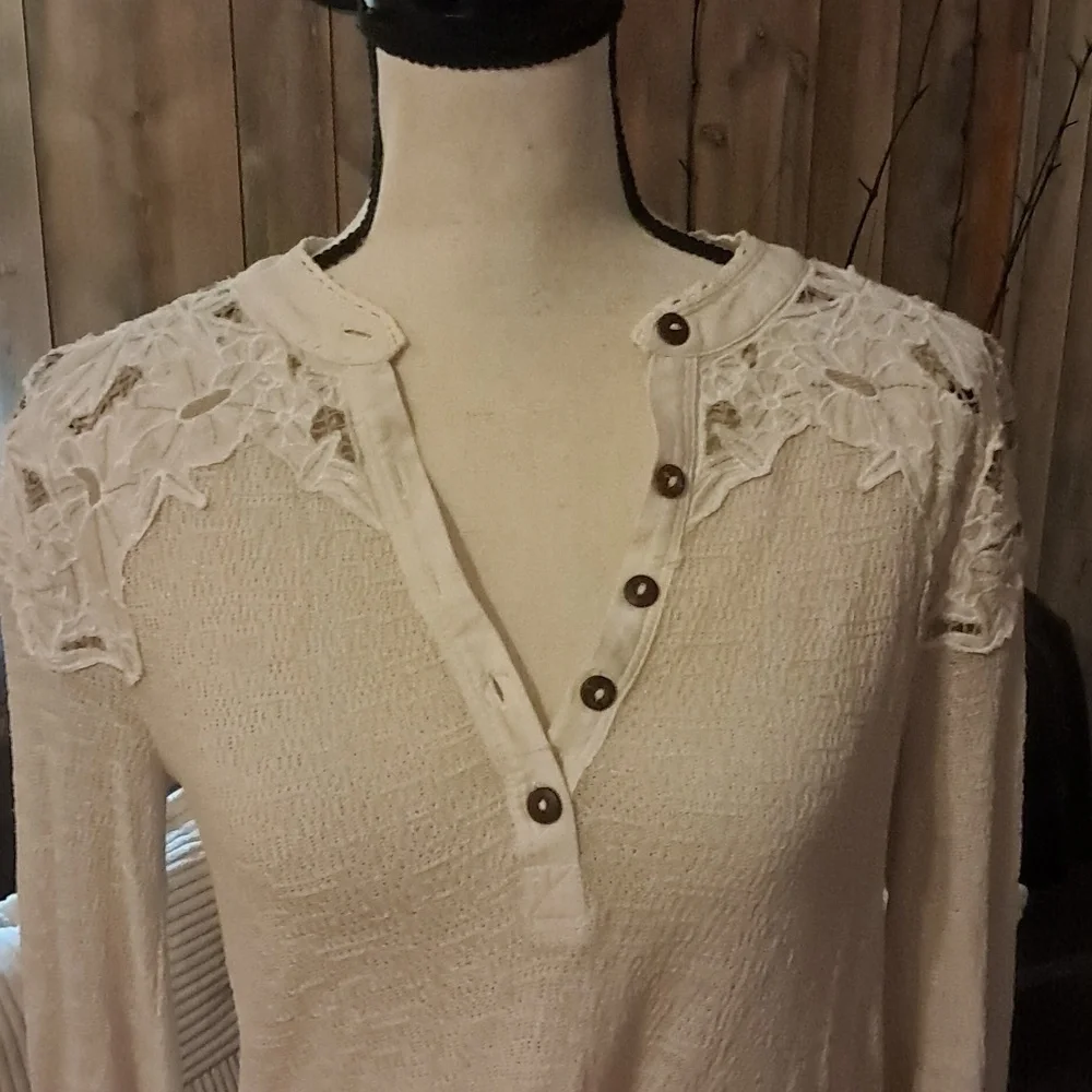 Free People Long Sleeve Henley With Floral Shoulder and Back Embroidered Desigon